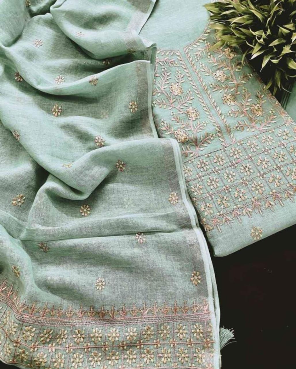 BHAGALPURI COTTON LINEN EMBROIDERY UNSTITCHED SUIT.