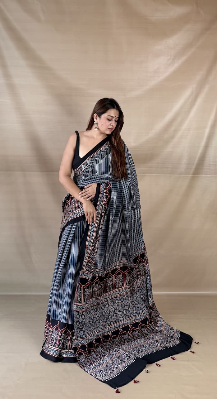 Pure Modal Silk Ajrakh Hand-block Printed Saree.