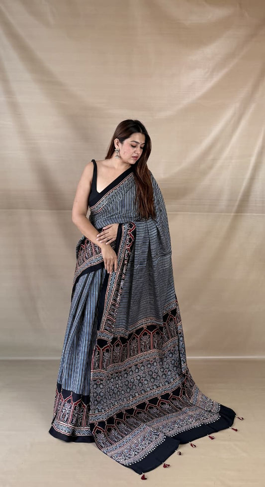 Pure Modal Silk Ajrakh Hand-block Printed Saree.