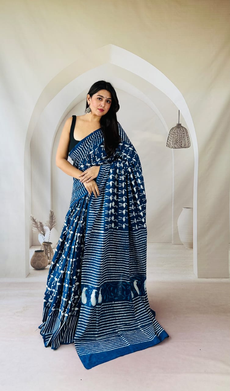 Pure Mulmul Cotton Hand Block Printed Saree With Running Blouse.