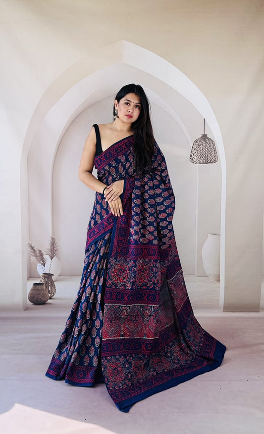 Pure Mulmul Cotton Hand Block Printed Saree With Running Blouse.