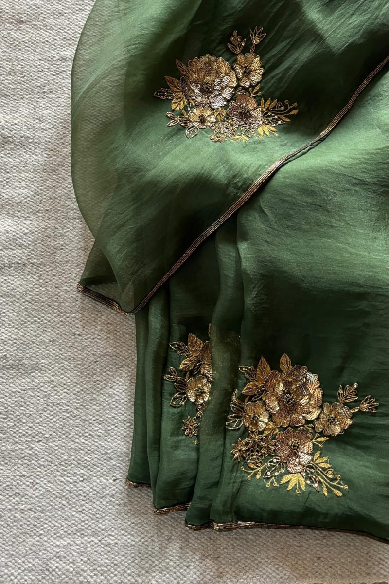 Pure Diamond Chiffon Catdana Hand Work Saree.