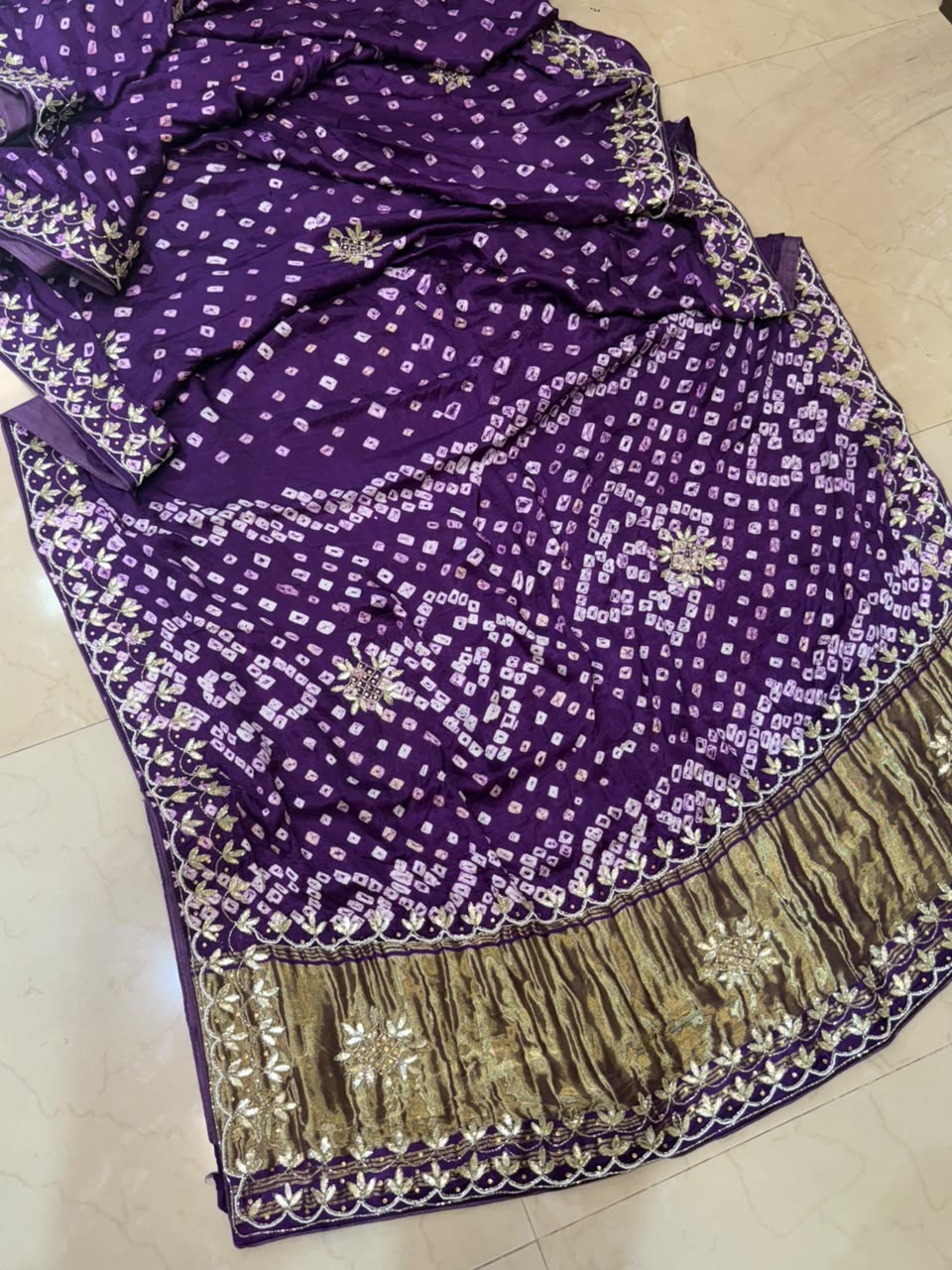 Pure Modal Gajji Silk Bandhej Hand work Gota Patti Work Saree.