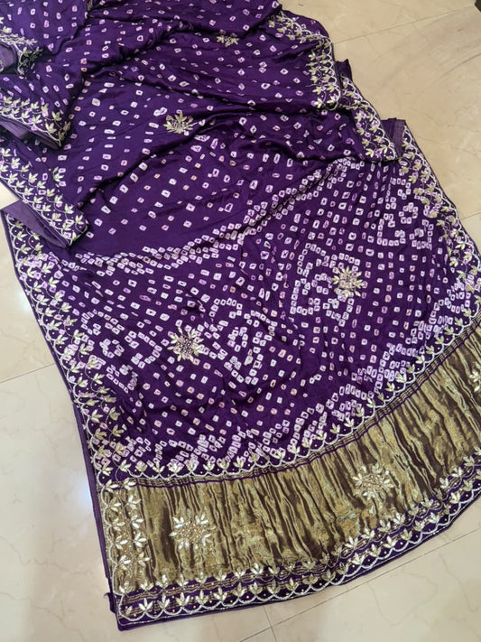 Pure Modal Gajji Silk Bandhej Hand work Gota Patti Work Saree.