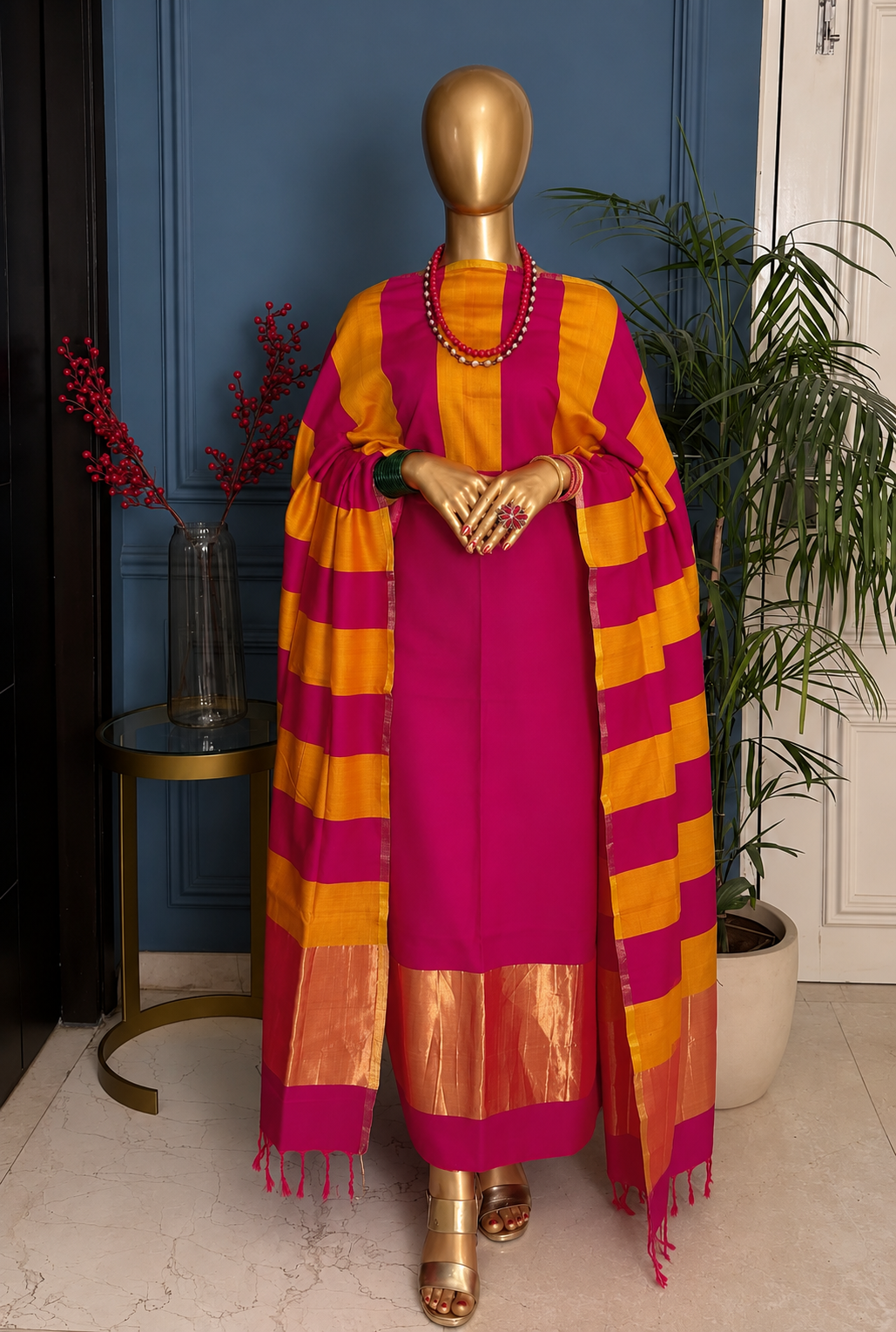 Pure Maheswari Silk Cotton Handwoven Unstitch Suit.