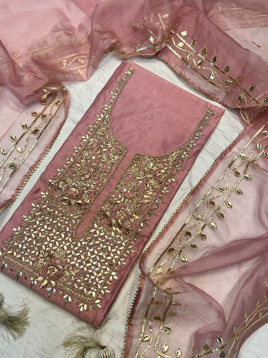 Pure Chanderi Silk Hand Work Unstitched Suit With Organza Dupatta