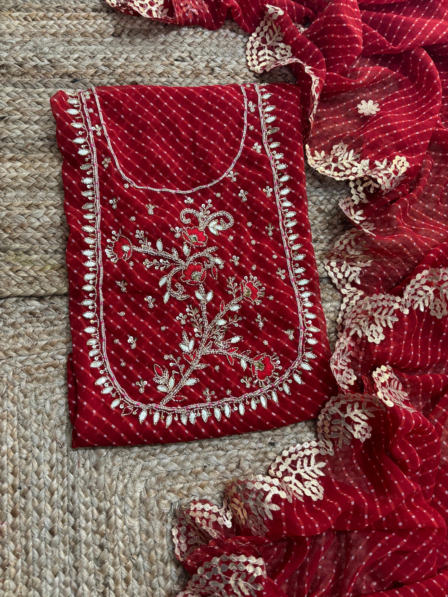 Georgette Gota pati Hand Work Unstitched Suit With Dupata.