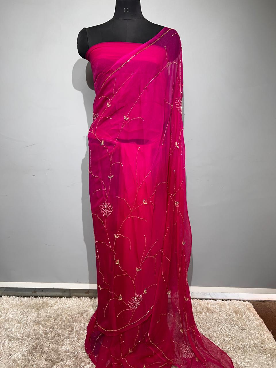 Beautiful Rose Pure Chiffon full kardana Jaal Work Saree