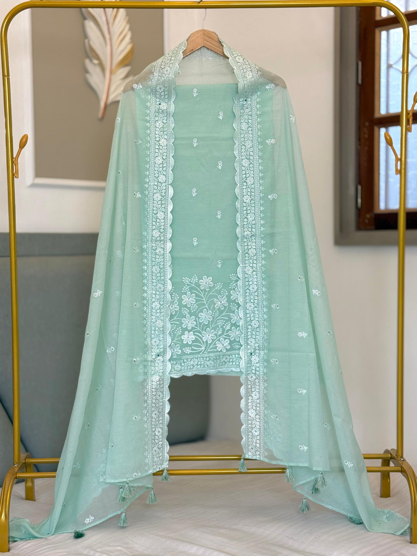 Pure Banarasi Chanderi Silk Embroidery Work Unstitched Suit.