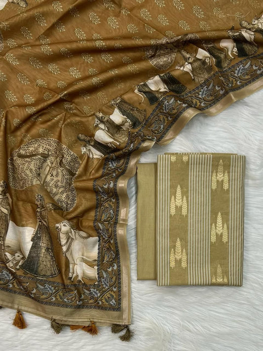 Banarasi Chanderi Zari Work Unstitched Suit With Beautiful Pichwai Dupatta