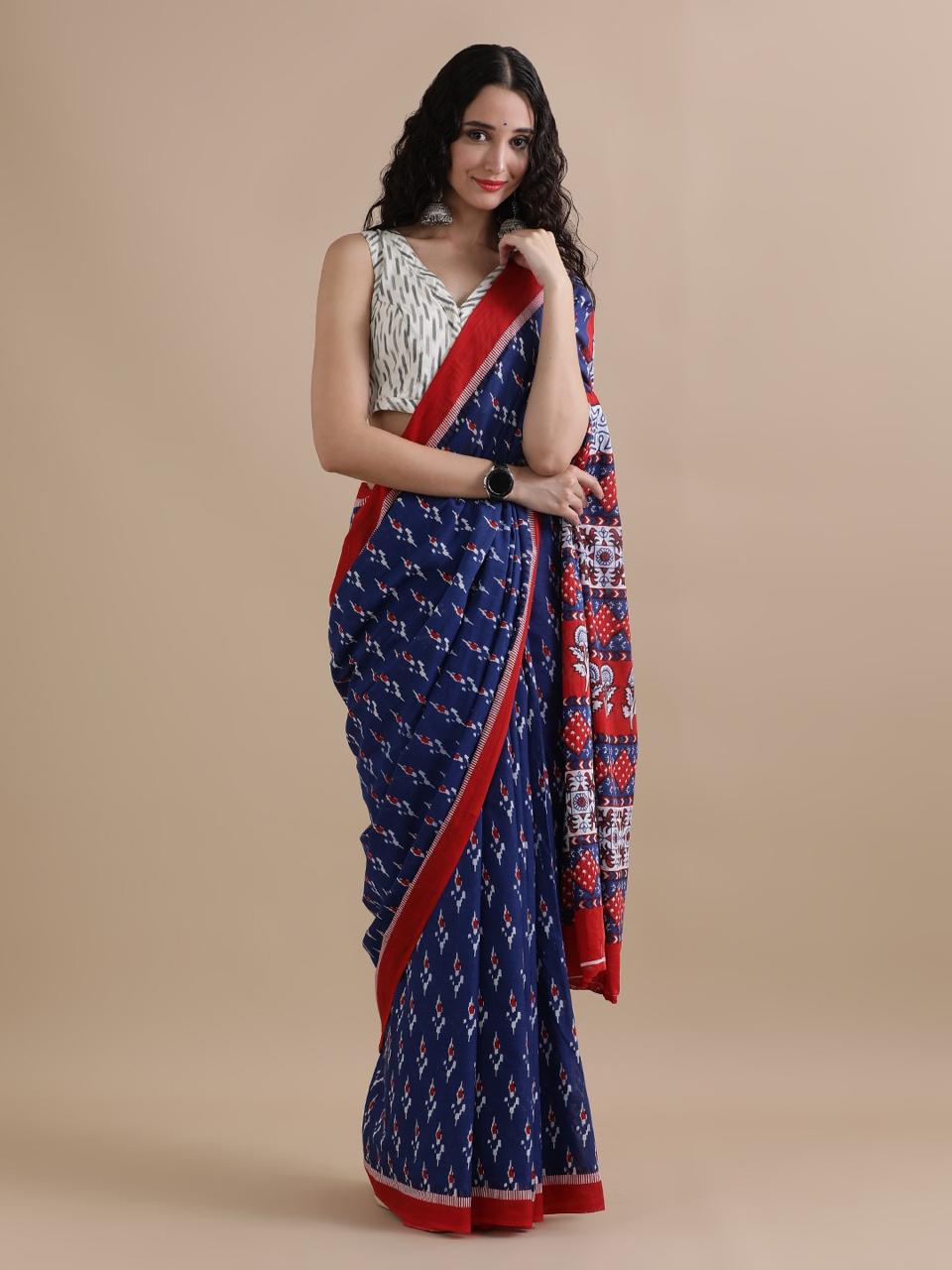 Pure Mulmul Cotton Hand Block Printed Saree With Running Blouse.