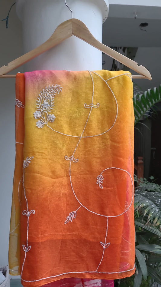 PURE DAIMOND CHIFFON MOTI WORK SAREE.