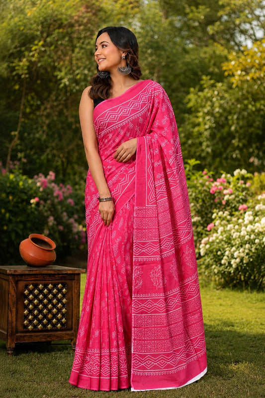 Pure Cotton Hand Block Printed Saree With Blouse.