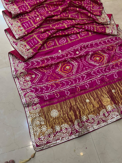 Pure Modal Gajji Silk Bandhej Hand work Gota Patti Work Saree.