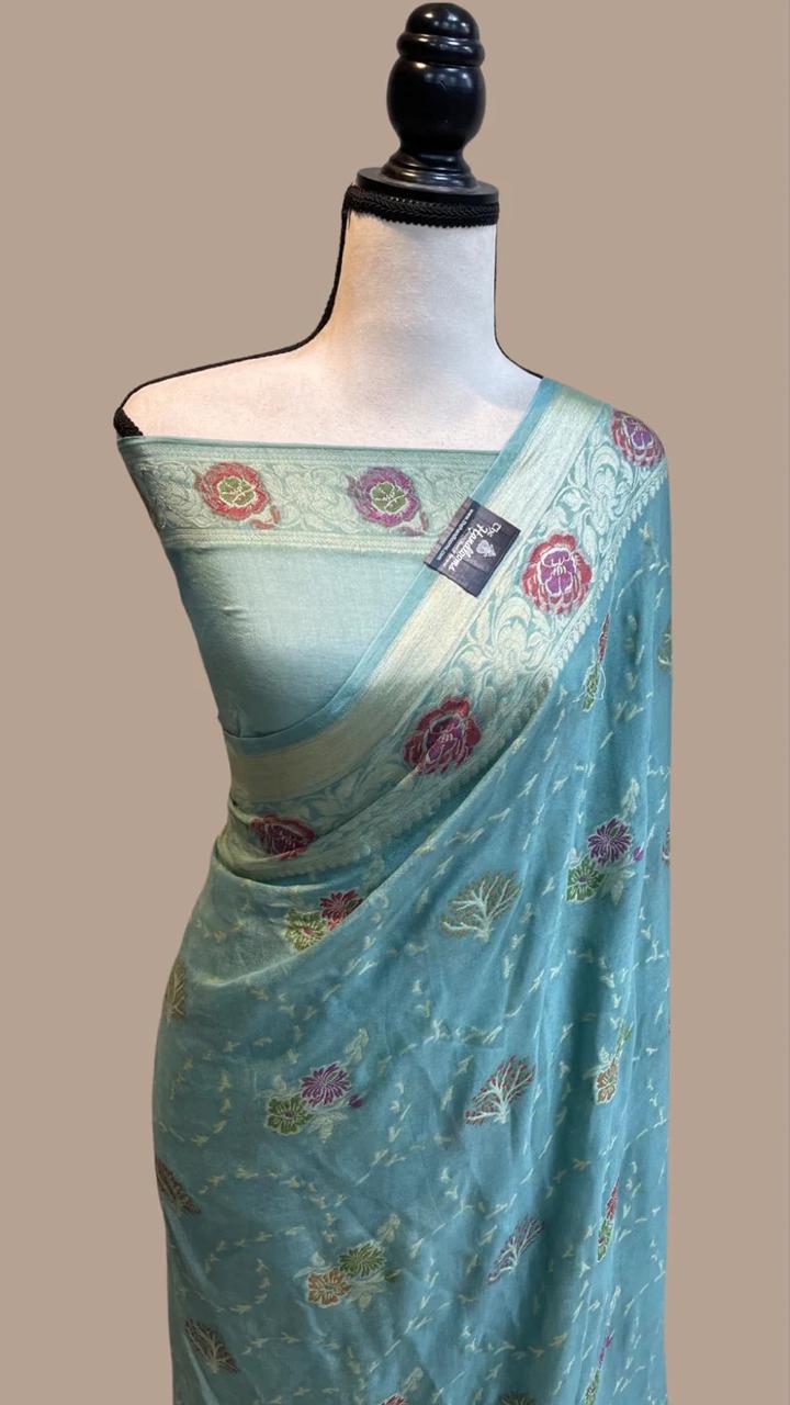 Pure Handloom Khaddi Chiffon Georgette Saree With Zari Weaving Blouse