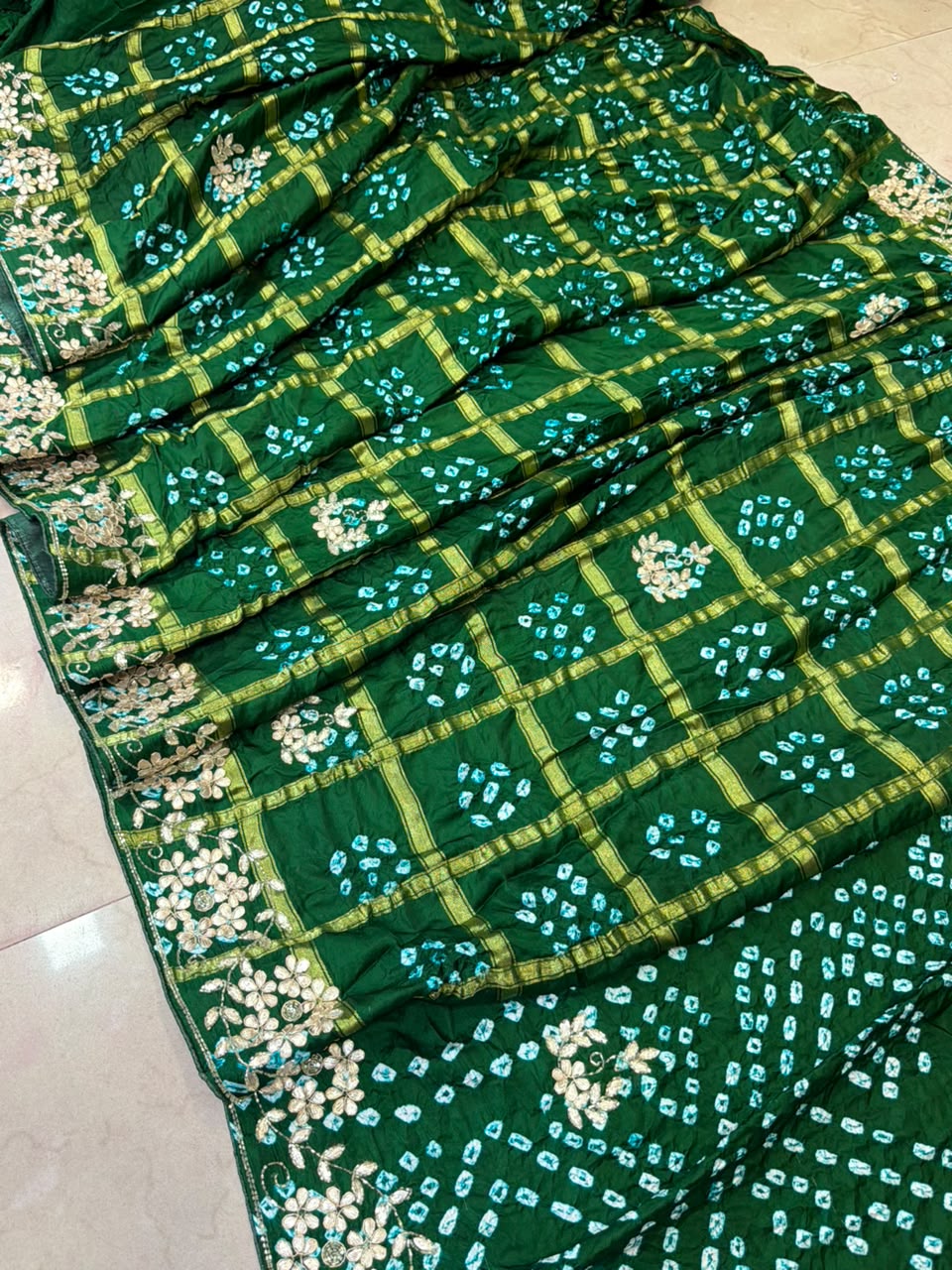 Pure Modal Gajji Silk Bandhej Hand work Gota Patti Work Saree.