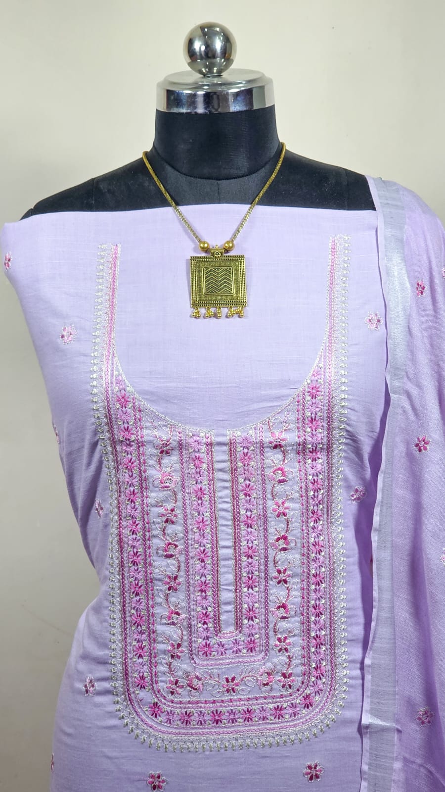 BHAGALPURI COTTON LINEN EMBROIDERY UNSTITCHED SUIT.