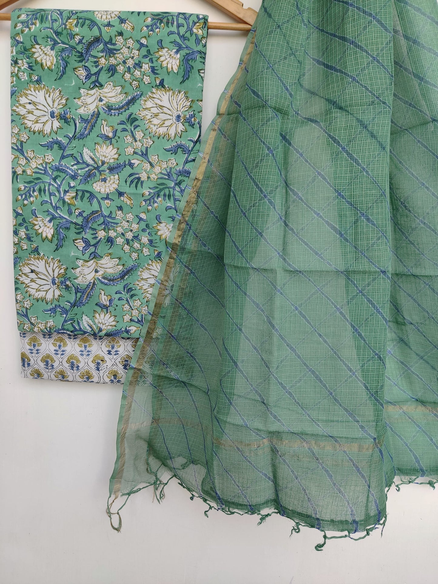 Pure Cotton Hand Block Printed Unstitched Suits with Kota doriya Dupatta.