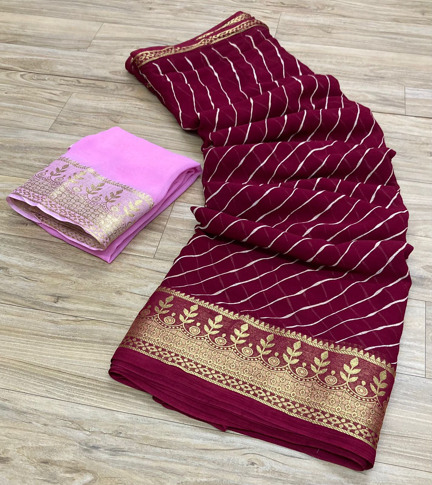 Pure Georgette Leheriya With Banarasi Zari Border Saree