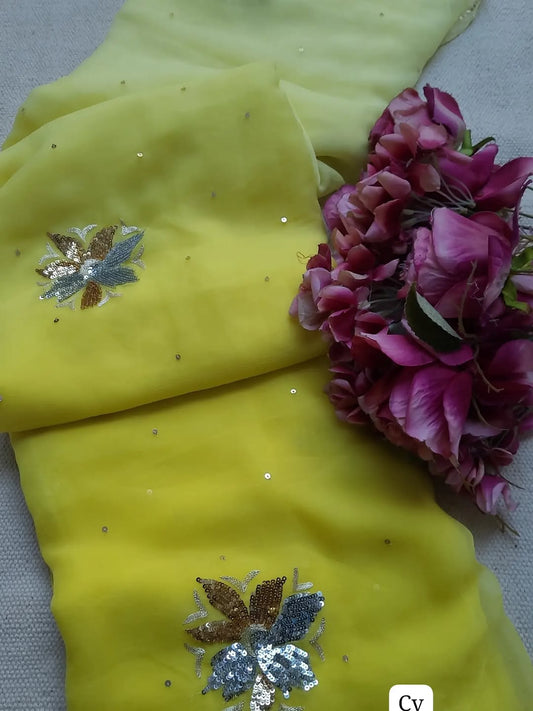 Pure Diamond Chiffon Hand Work Saree.