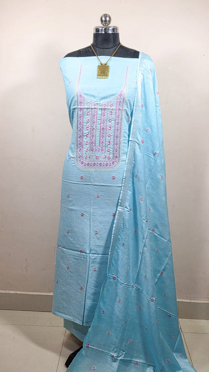 BHAGALPURI COTTON LINEN EMBROIDERY UNSTITCHED SUIT.