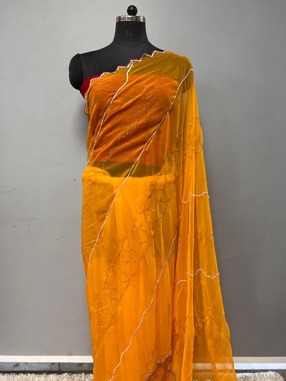 Beautiful Pure Diamond chiffon Hand Sikvans & kardana Work Full jaal Saree