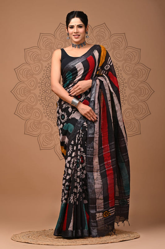 Pure Cotton Linen Hand Block Printed Saree with Blouse.