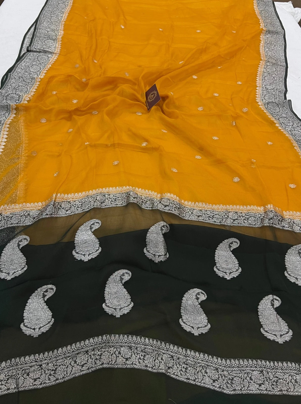 Pure Handloom Khaddi Chiffon Georgette Saree With Silver Zari Weaving Blouse  ( length- 6.3 meter ) (Copy)