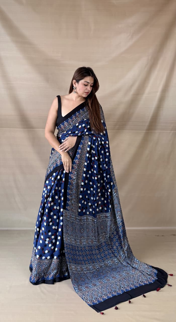 Pure Modal Silk Ajrakh Hand-block Printed Saree.