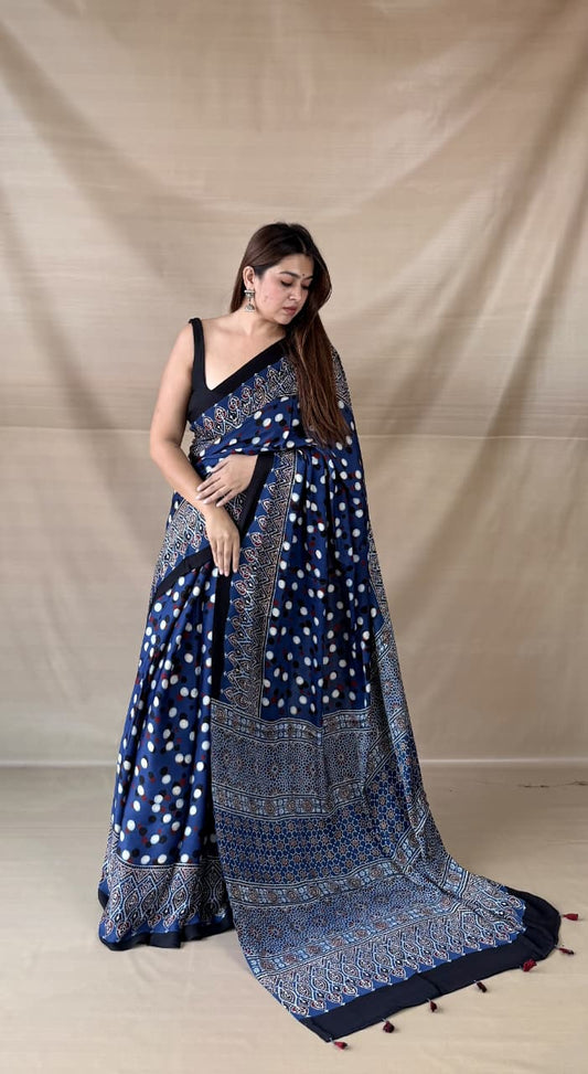 Pure Modal Silk Ajrakh Hand-block Printed Saree.