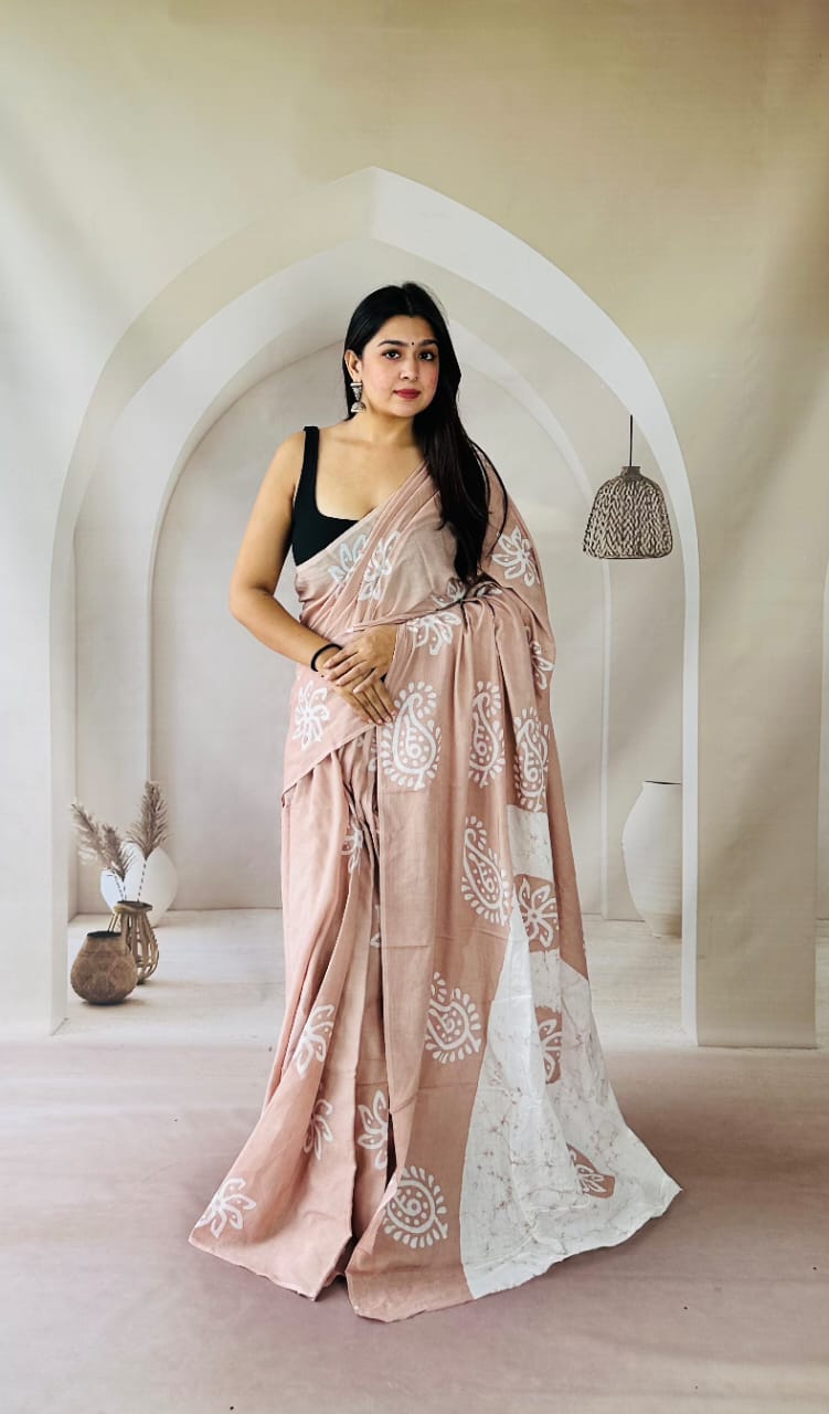 Pure Mulmul Cotton Hand Block Printed Saree With Running Blouse.