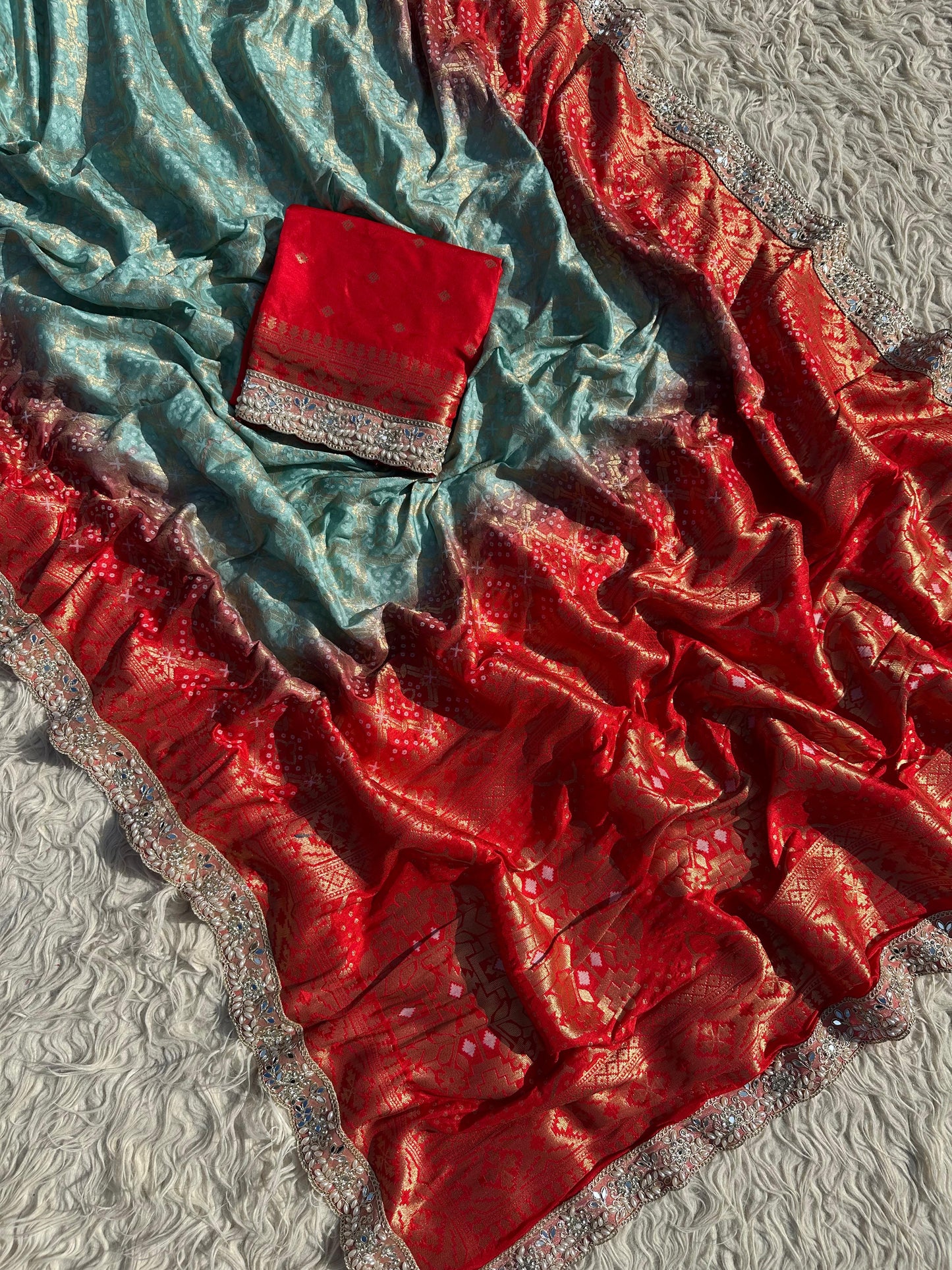 Banarasi Bandhej Silk Zari Work Saree With Blouse