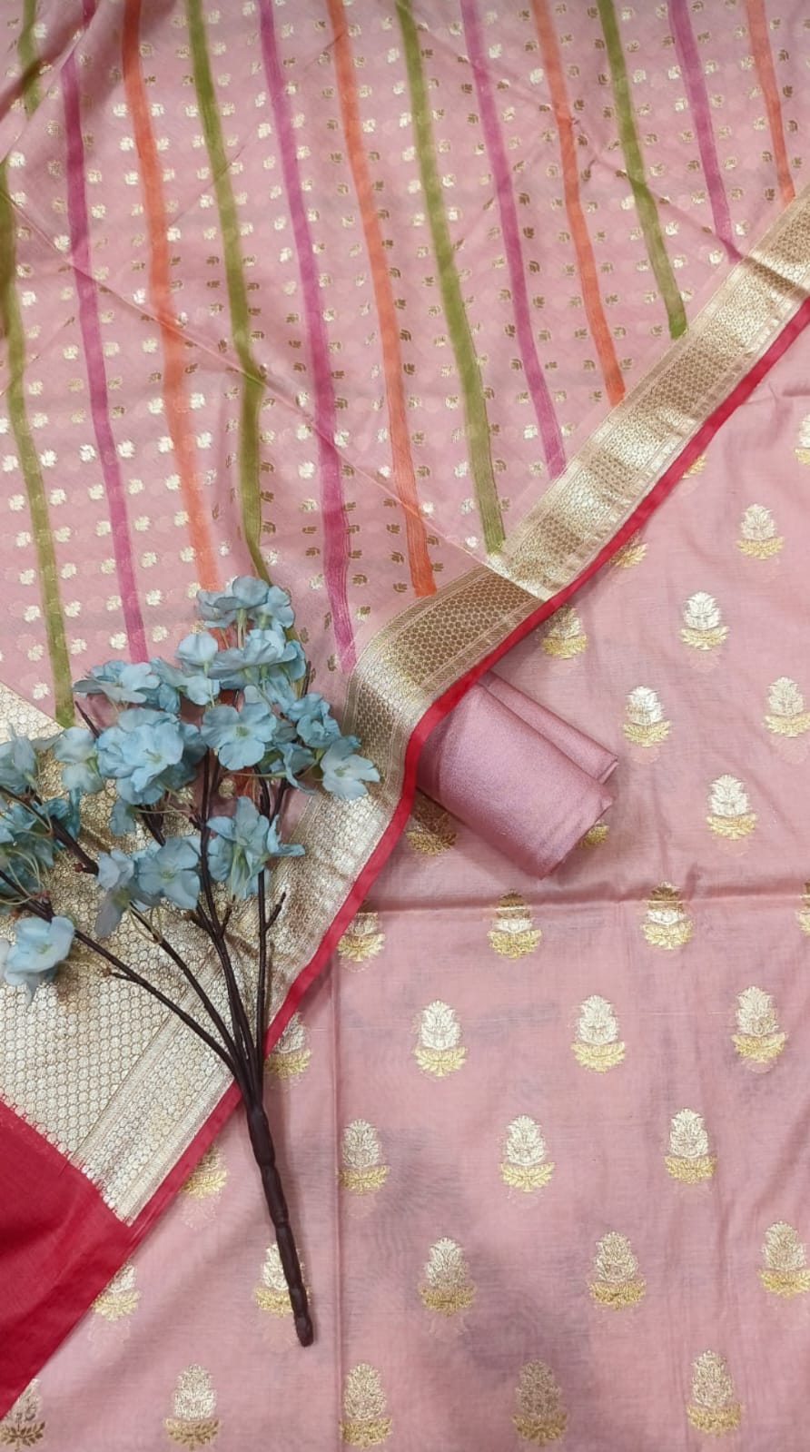 Pure Banarasi Chanderi Silk Unstitched Suit With  lurex weaved with hand brush dye Dupatta (Copy)