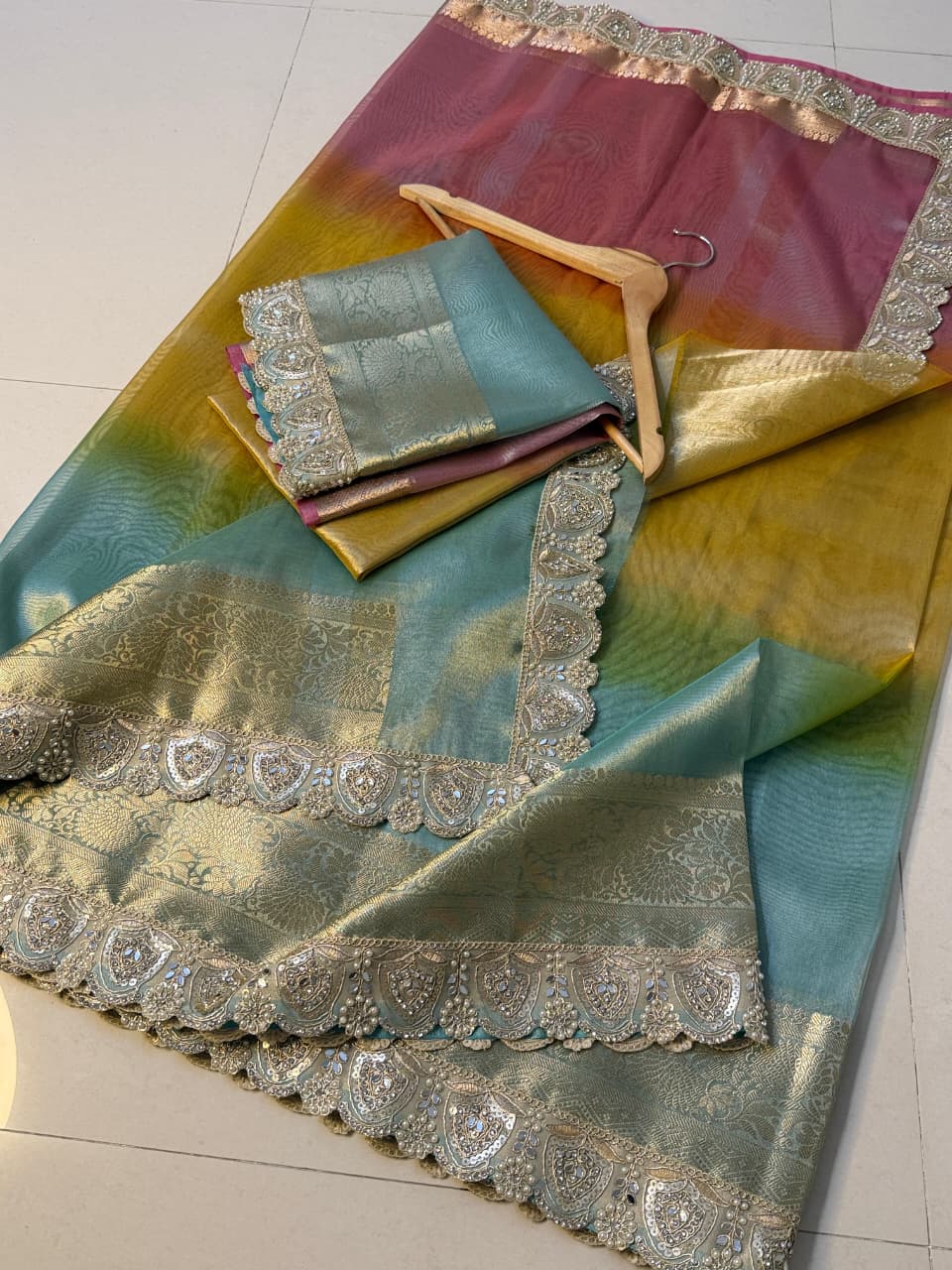 Multi Shade Glass Tissue Saree with Soft Mirror Lace Border