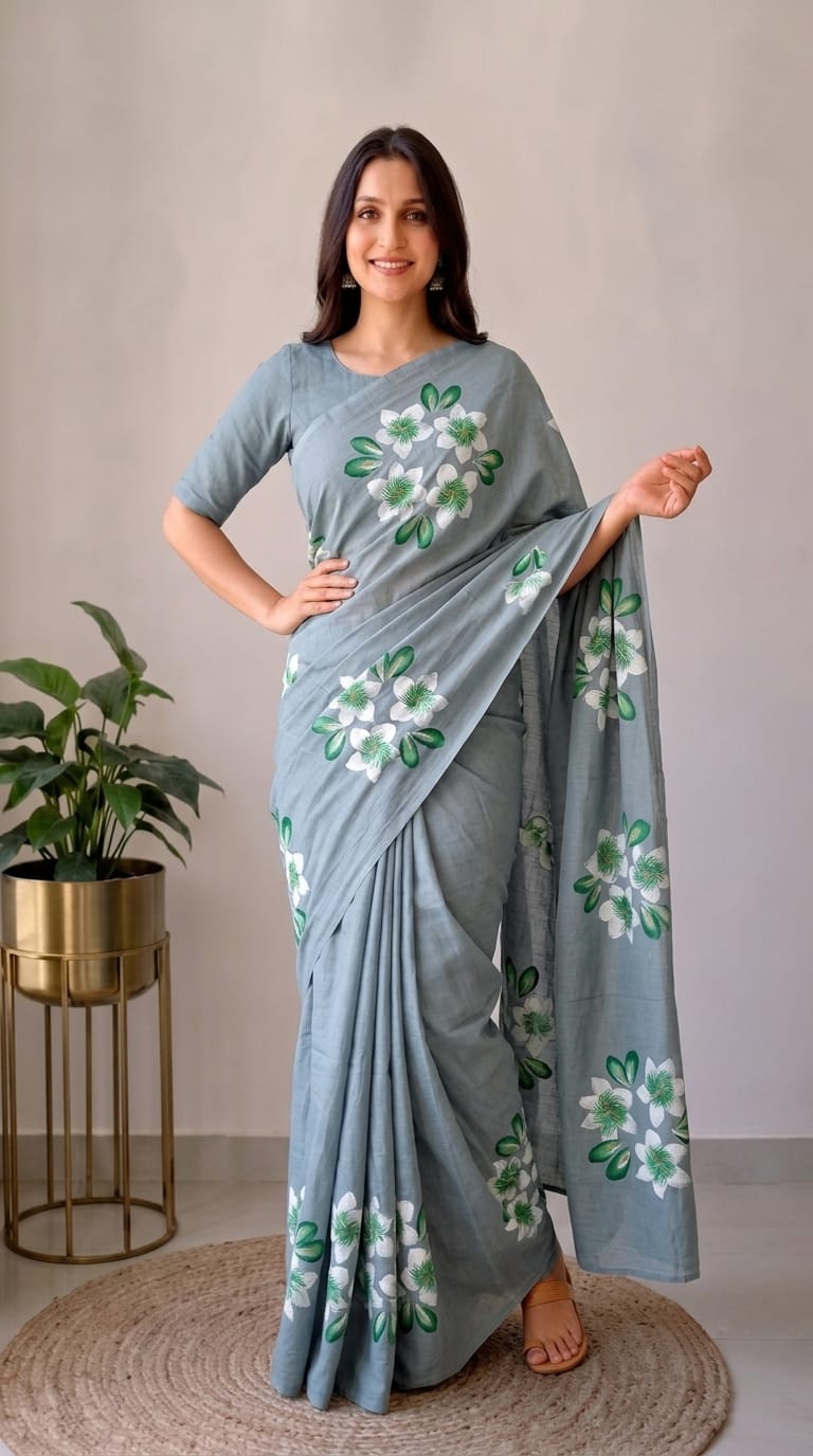 Pure Cotton Hand Block Printed Saree With Blouse.