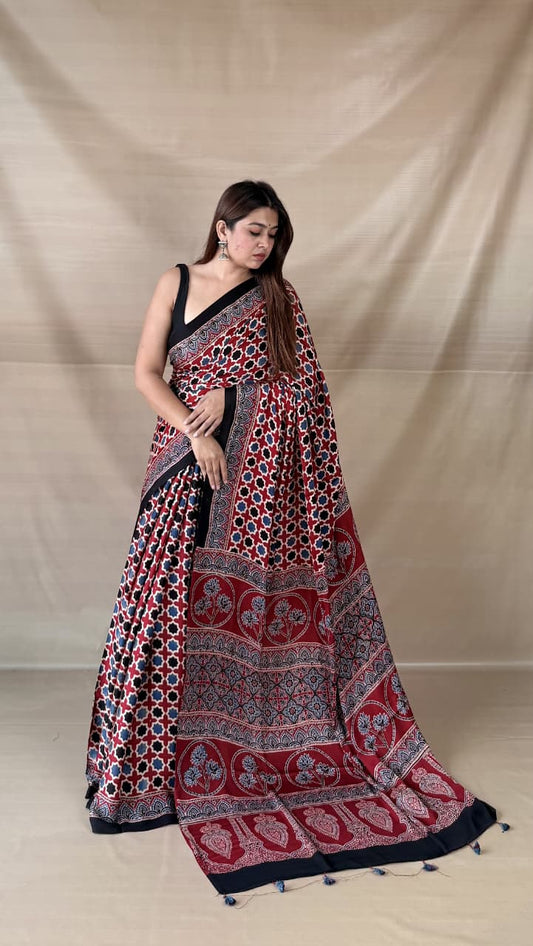 Pure Modal Silk Ajrakh Hand-block Printed Saree.