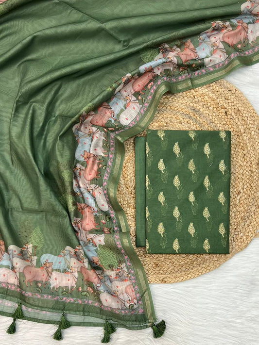 Banarasi Chanderi Zari Work Unstitched Suit With Beautiful Pichwai Dupatta.