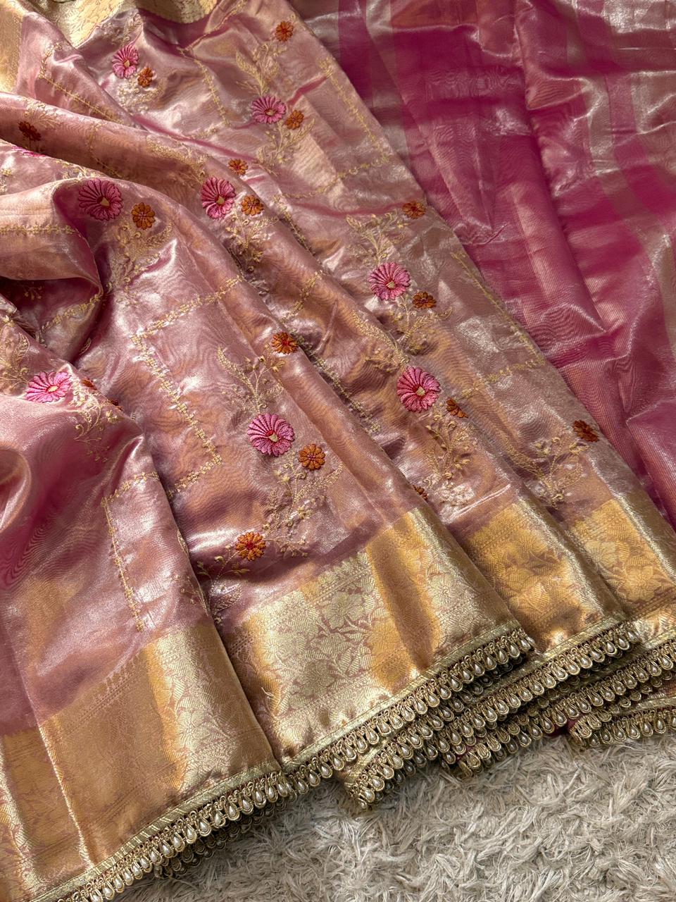 Banarasi Glass Tissue Soft Saree with Embroidery Meenakari work