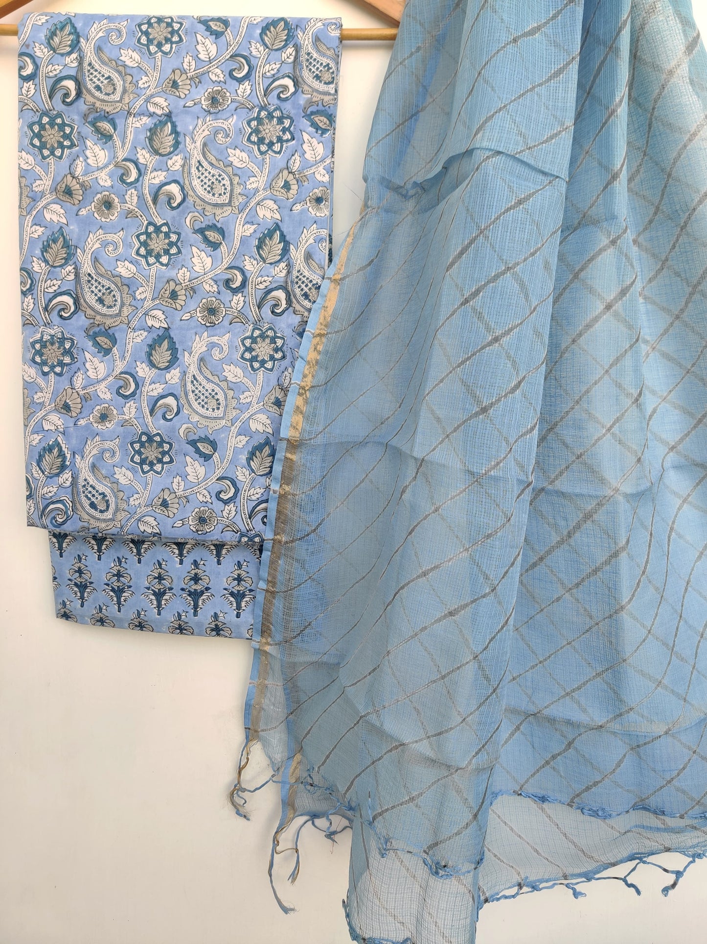 Pure Cotton Hand Block Printed Unstitched Suits with Kota doriya Dupatta.