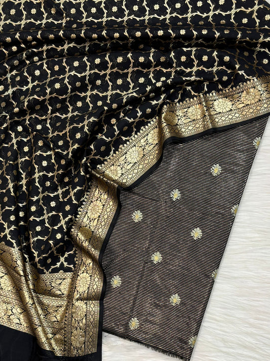 Chanderi Lorex Mini Stripes with Embroidery booti Work Unstitched Suit with Dupatta