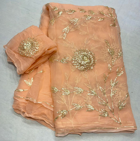 Pure Diamond Chiffon Gota Work Saree With Running Work Blouse.