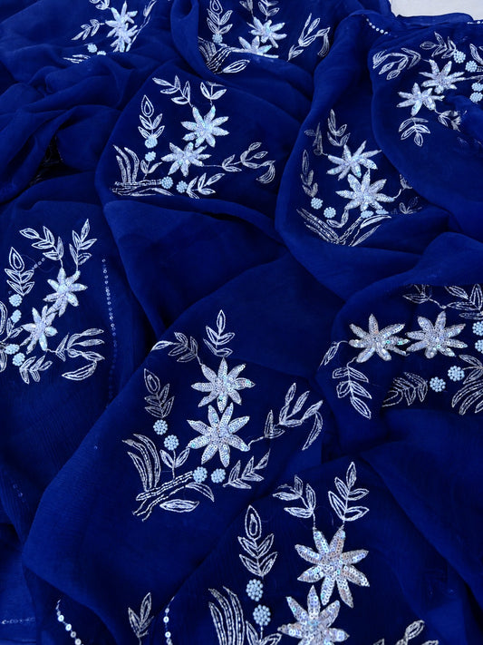 Pure Diamond Chiffon Hand Work Saree With Blouse.