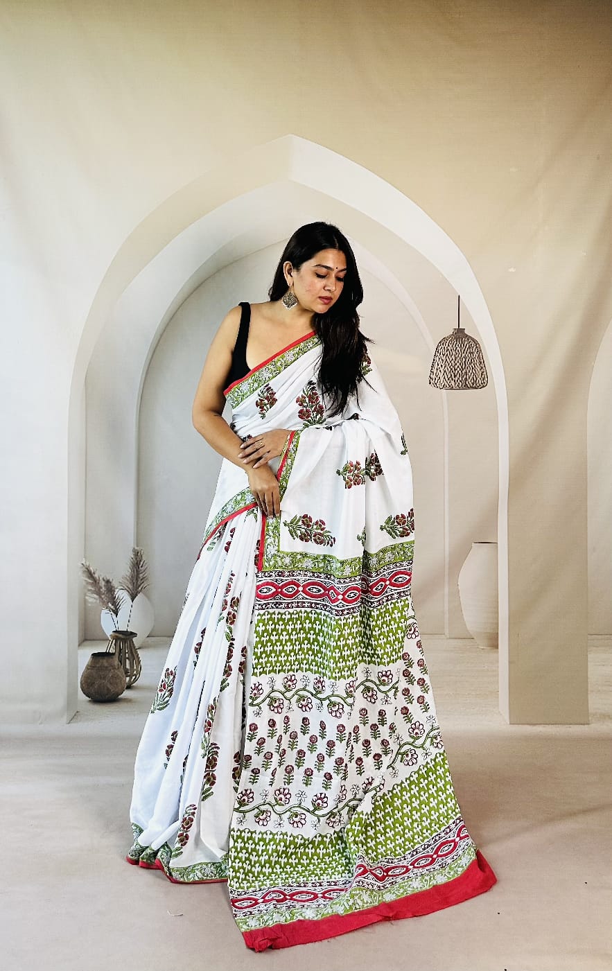 Pure Mulmul Cotton Hand Block Printed Saree With Running Blouse.
