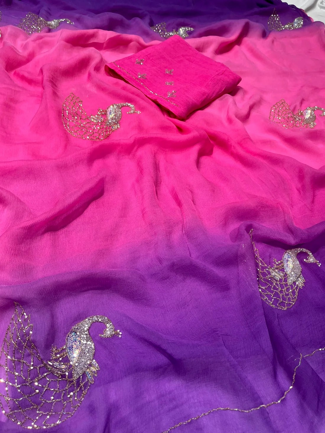 Pure Diamond Chiffon Hand Work Saree.