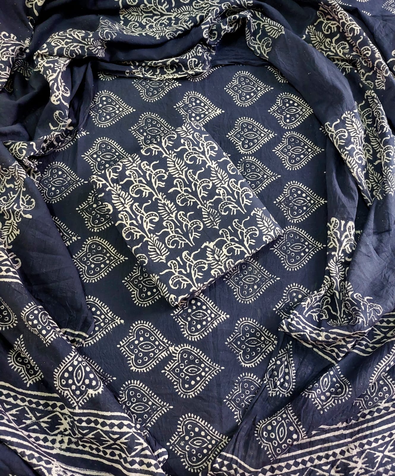 Traditional Hand block Printed Pure Cotton suits with Mulmul Dupatta.