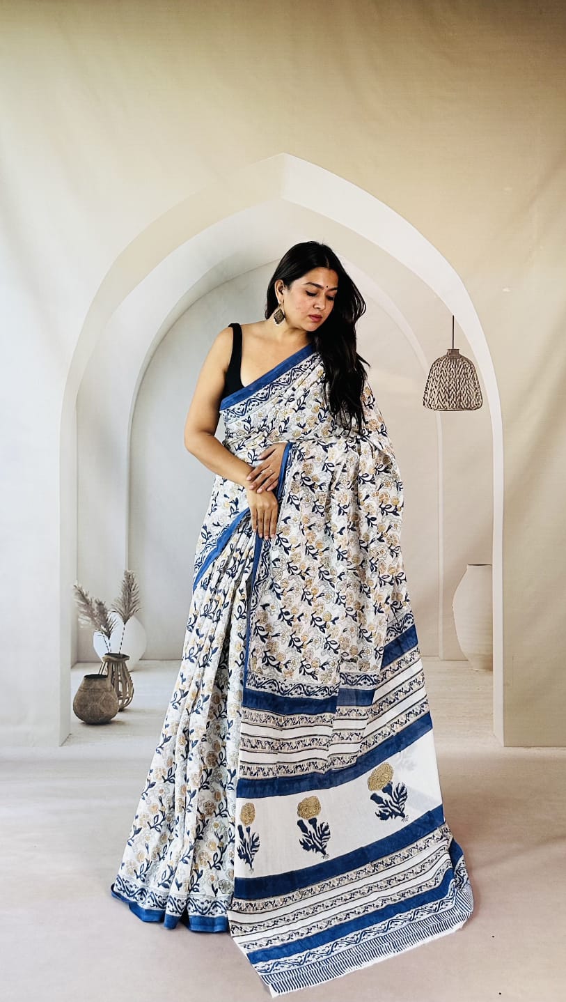 Pure Mulmul Cotton Hand Block Printed Saree With Running Blouse.