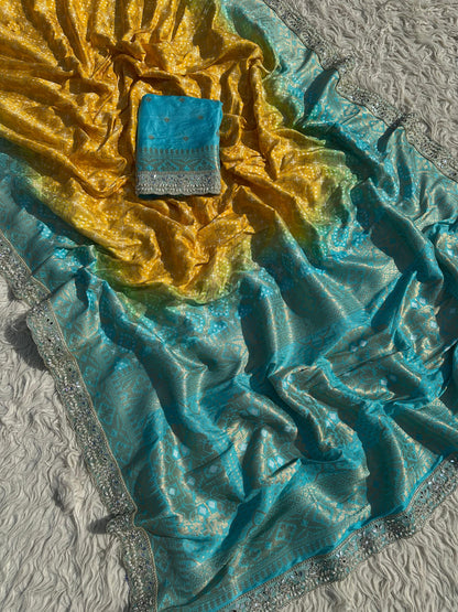 Banarasi Bandhej Silk Zari Work Saree With Blouse.