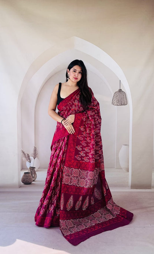 Pure Mulmul Cotton Hand Block Printed Saree With Running Blouse.