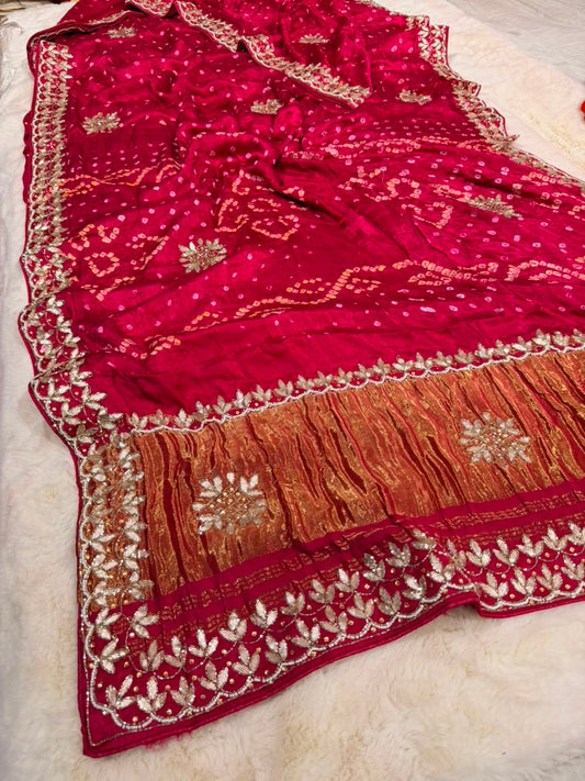 Pure Modal Gajji Silk Bandhej Hand work Gota Patti Work Saree.