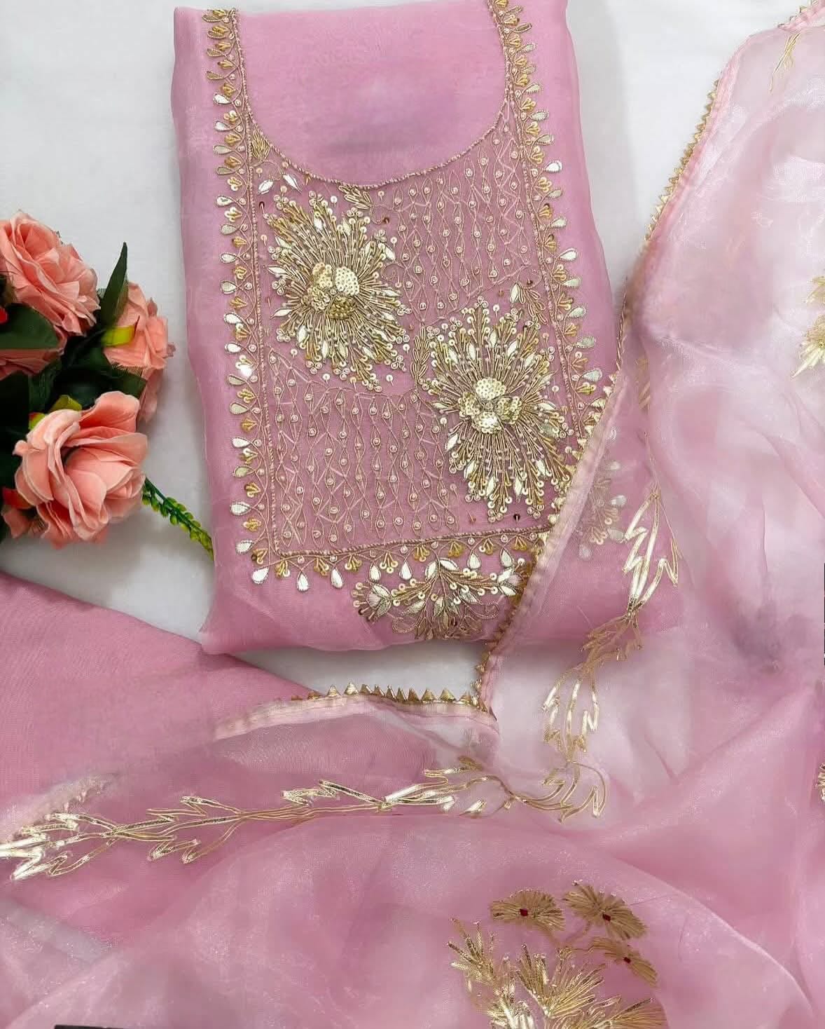 Pure Organza Hand Work Unstitched Suit.